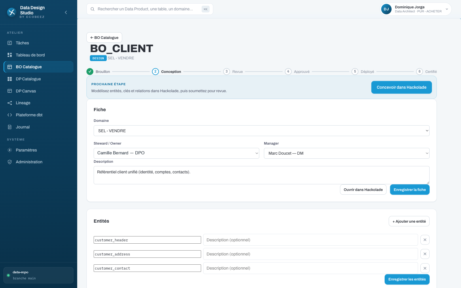 Data Design Studio — workflow gouverné d'un Business Object